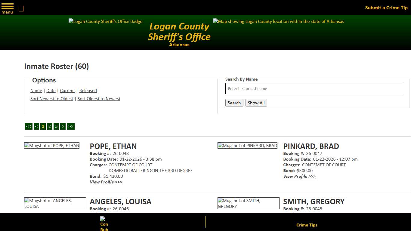 Inmate Roster - Current Inmates Booking Date Descending - Logan County Sheriff's Office, Arkansas