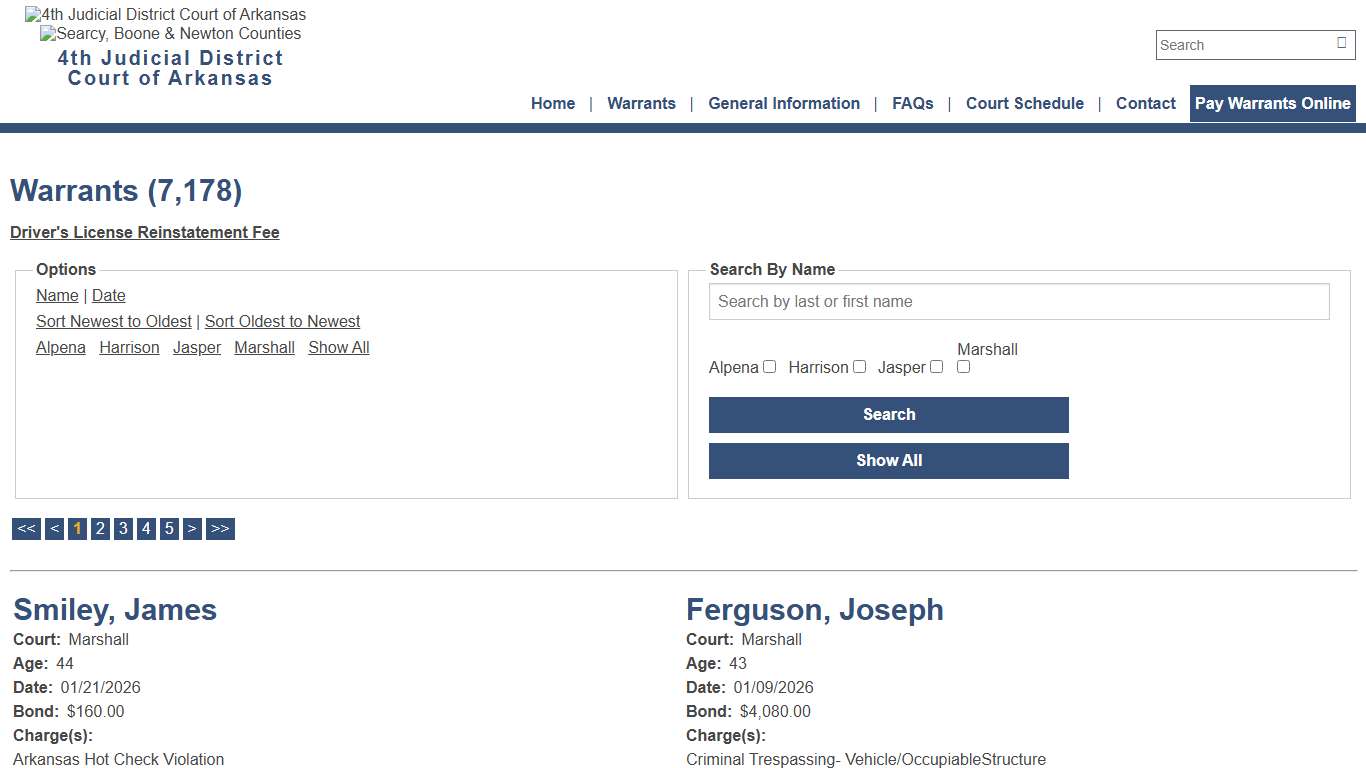 Warrants - Warrant Date - Descending - 4th Judicial District Court of Arkansas